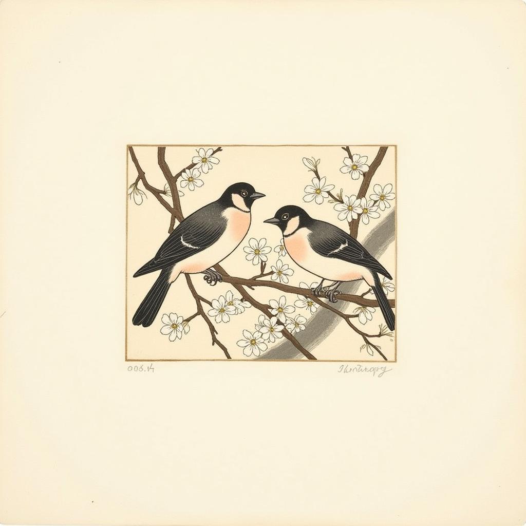 Chiura Obata Japanese Woodblock Print of Birds in Nature