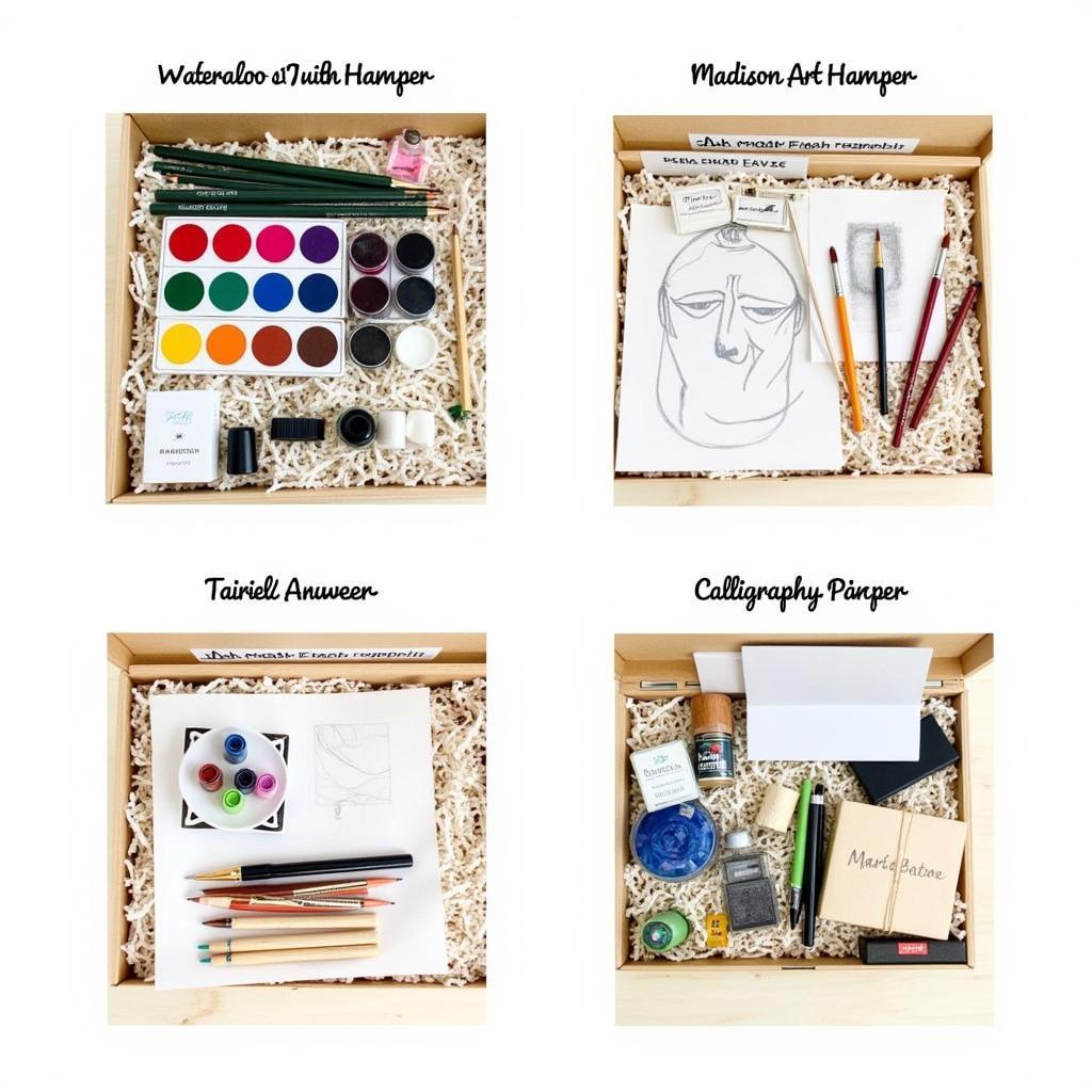 Choosing the Right Madison Art Hamper: Different art hampers showcasing various art supplies, catering to different artistic disciplines like painting, drawing, and calligraphy.