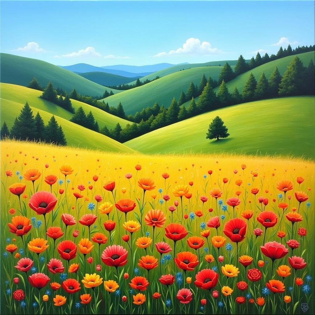 Christine Hill's landscape painting showcasing vibrant colors and intricate details.