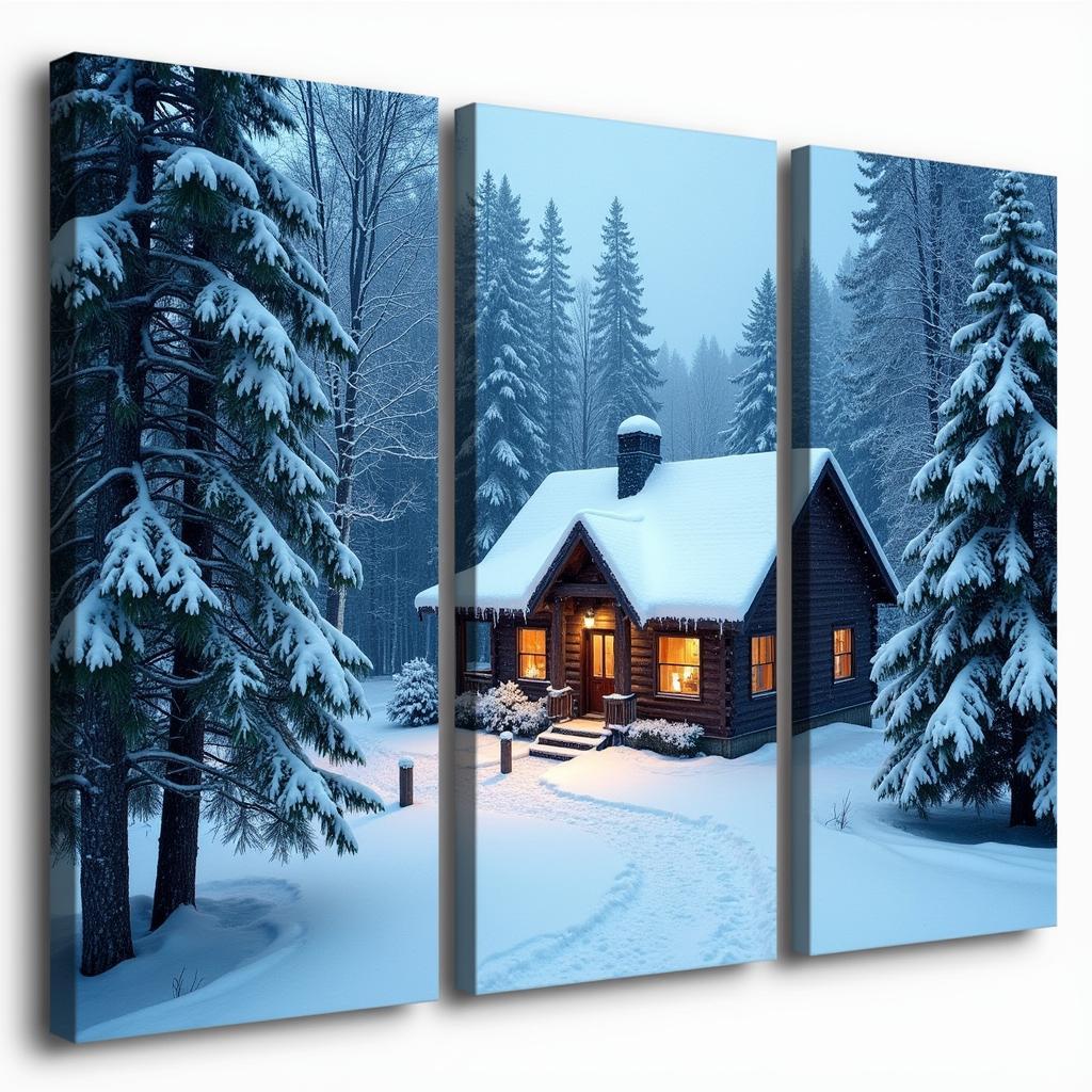 Three-piece Christmas canvas wall art depicting a cozy cabin in a snowy forest, perfect for adding a touch of winter magic to any room.