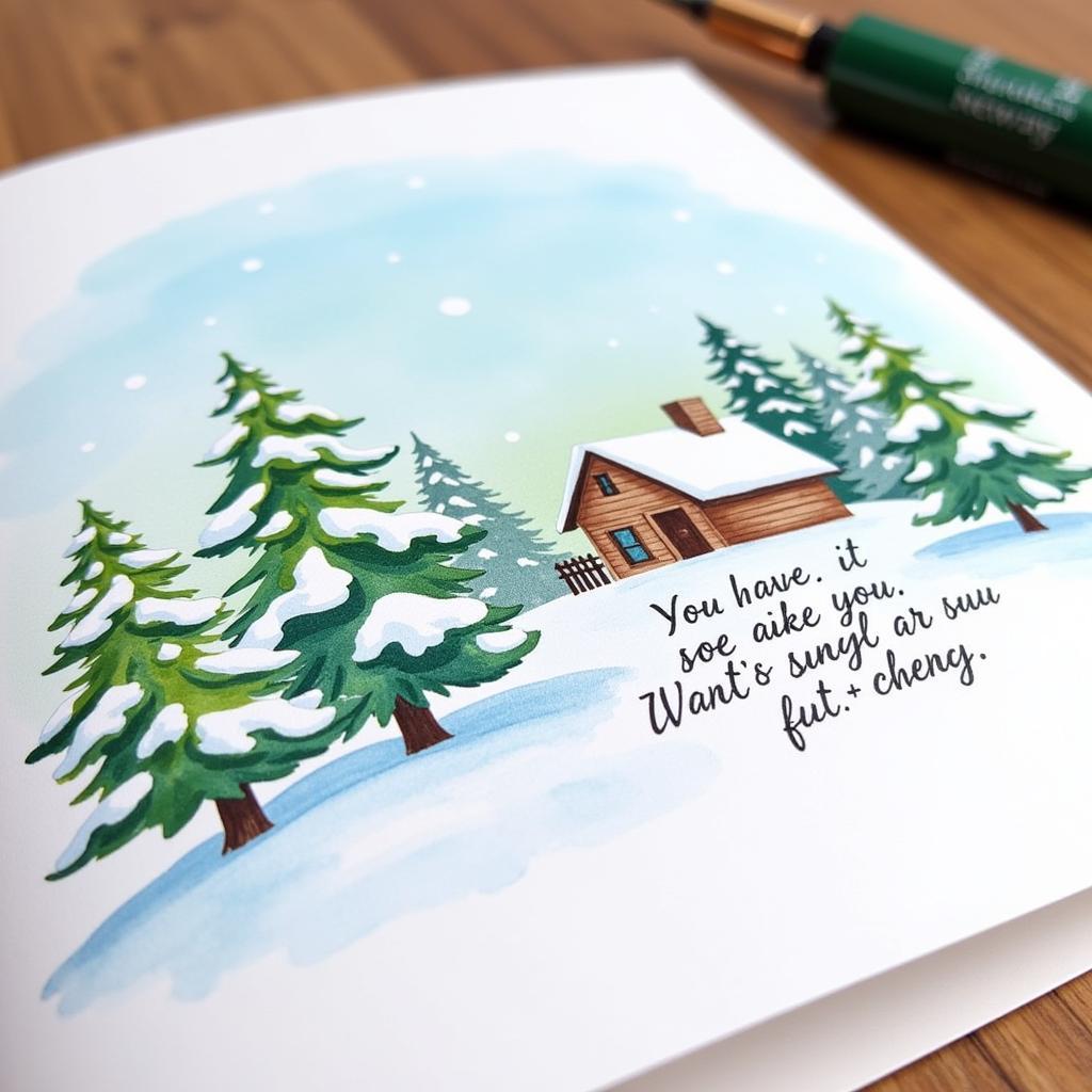 Handmade watercolor Christmas card depicting a winter scene