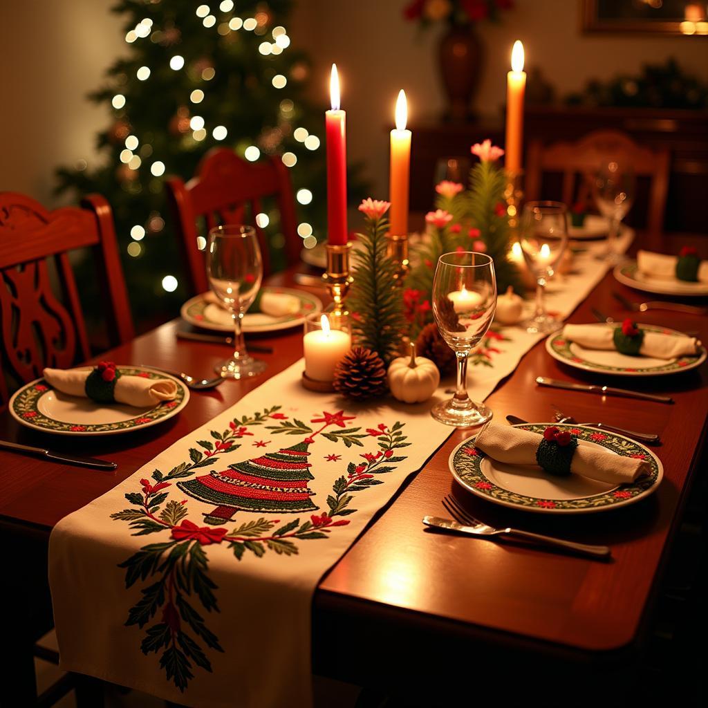 Christmas Folk Art Embroidered Table Runner