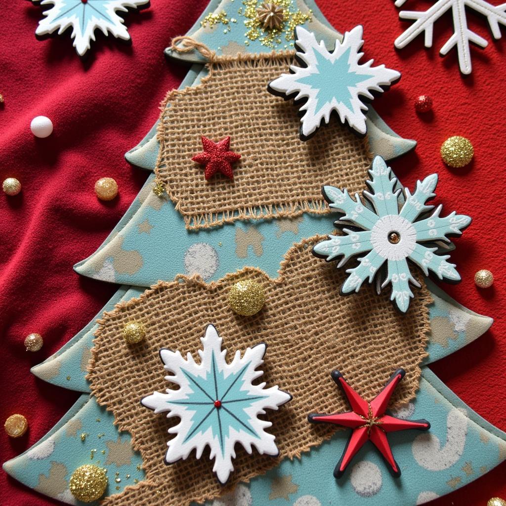 Christmas Mixed Media Collage with Glitter and Fabric