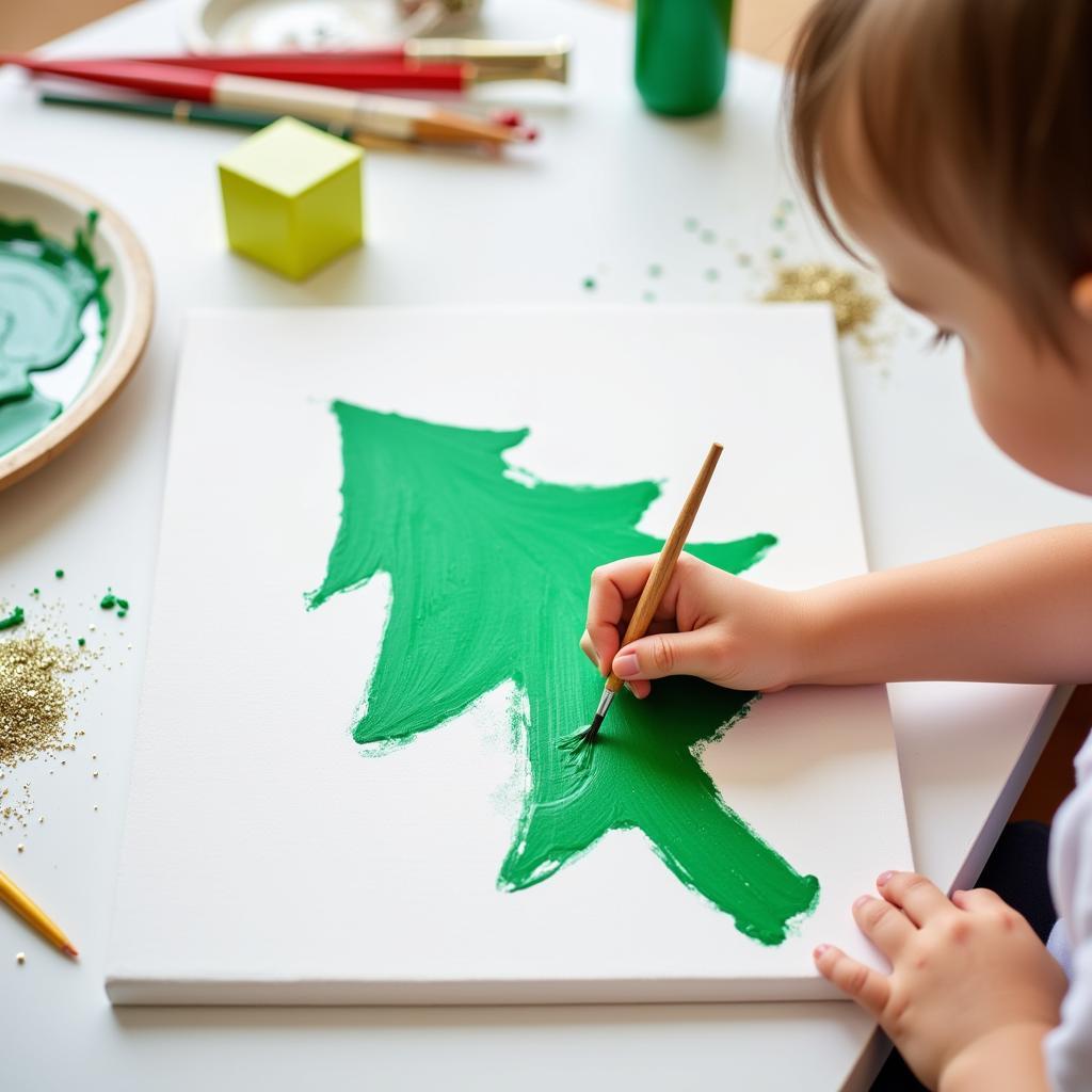 Toddler creating Christmas tree footprint art on canvas