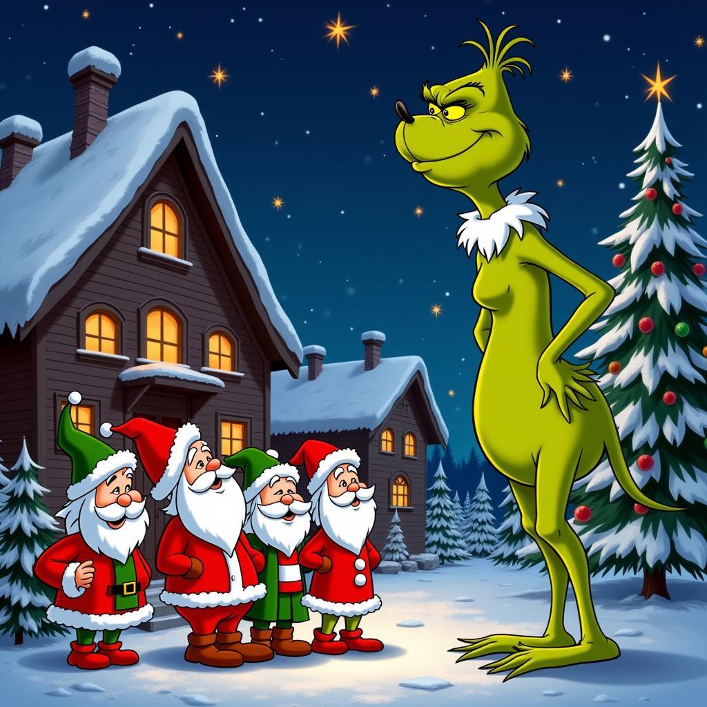 The Grinch amidst the Whos' Christmas festivities in a scene illustrating Chuck Jones' artistic style.