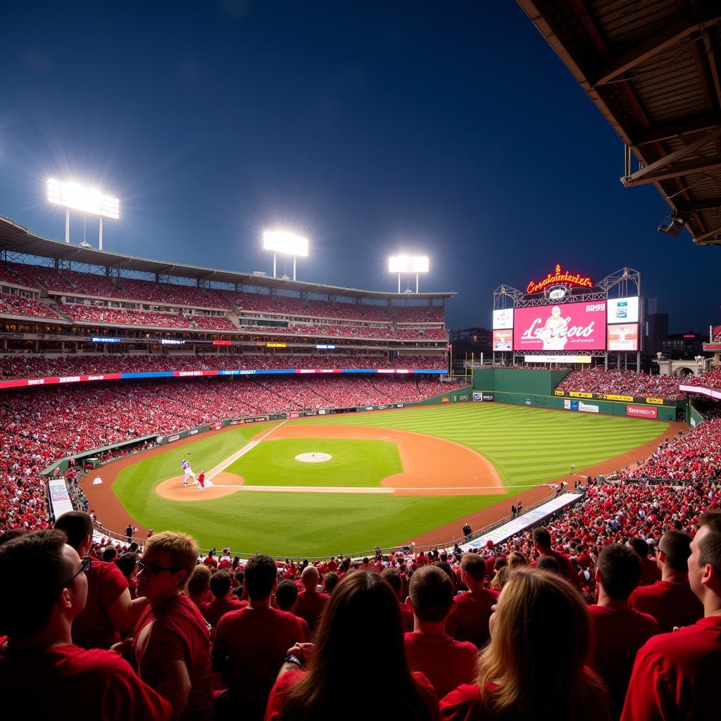 Cincinnati Reds Game Day Photography: A stunning photograph capturing the energy of a Cincinnati Reds game day at Great American Ball Park, with vibrant colors and dynamic action.