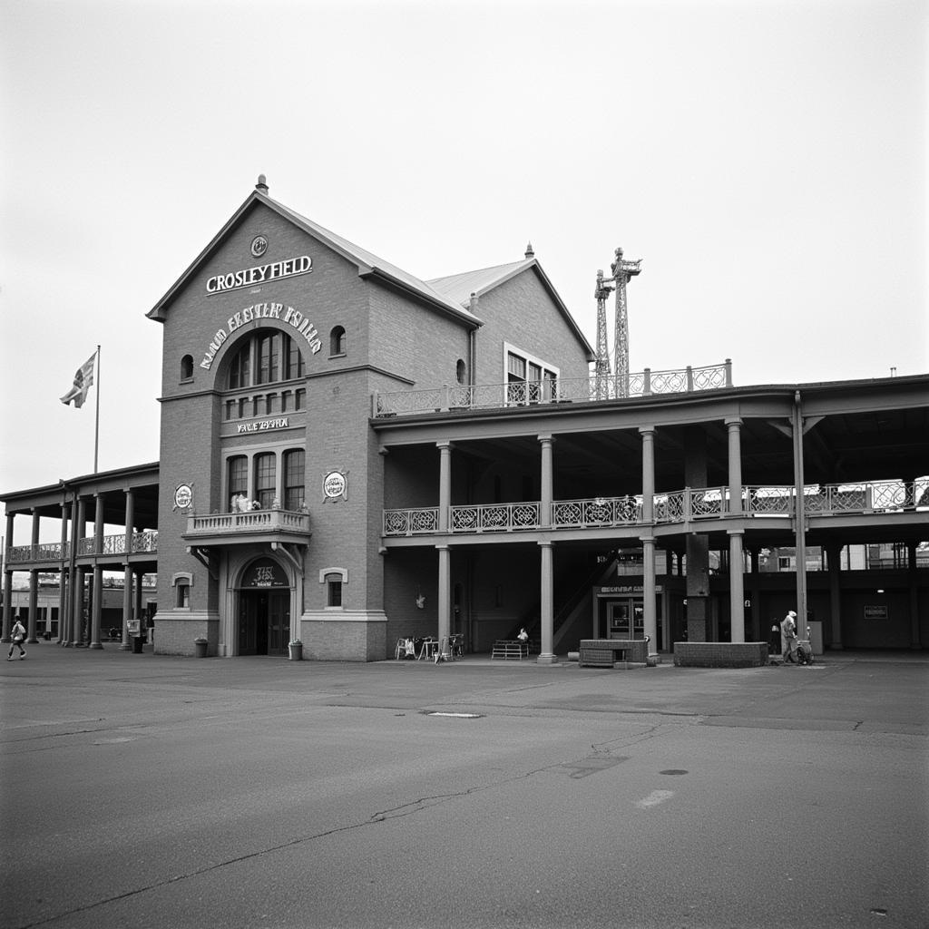 Cincinnati Reds Historic Photography: A black and white photograph of Crosley Field, the former home of the Cincinnati Reds, capturing a moment in history with classic baseball charm.