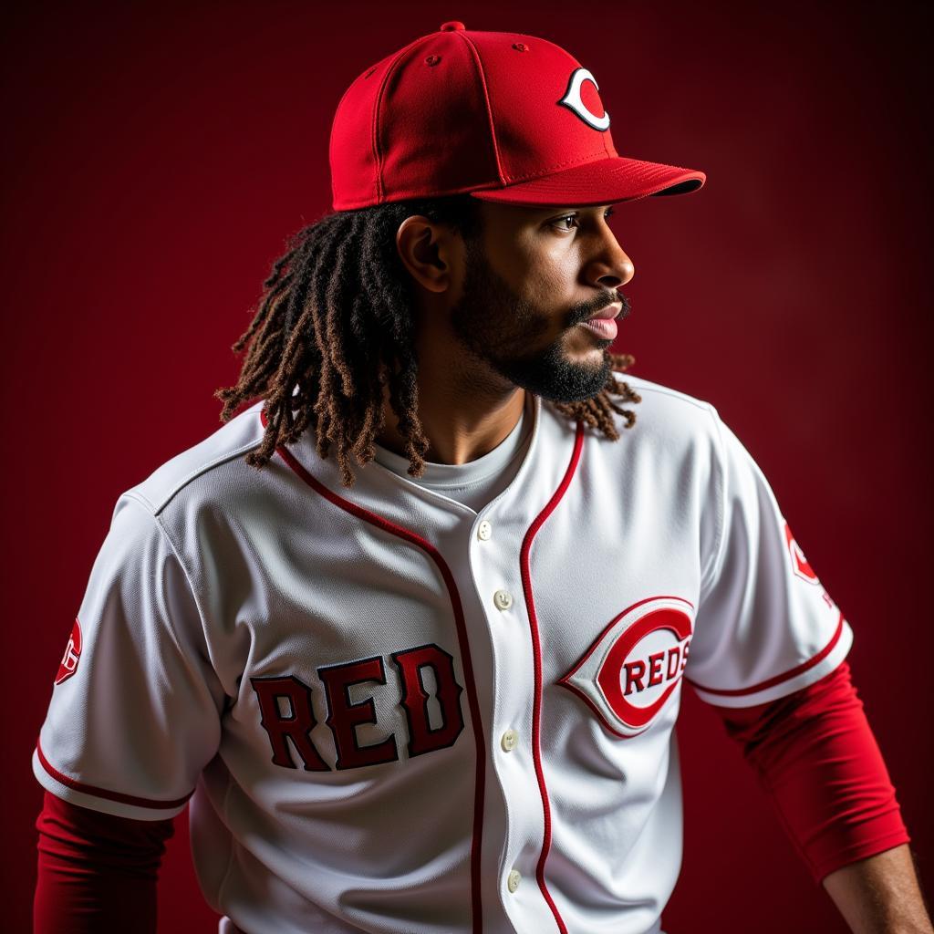 Cincinnati Reds Player Portrait: A dramatic close-up portrait of a Cincinnati Reds player, capturing the intensity and focus of the game.