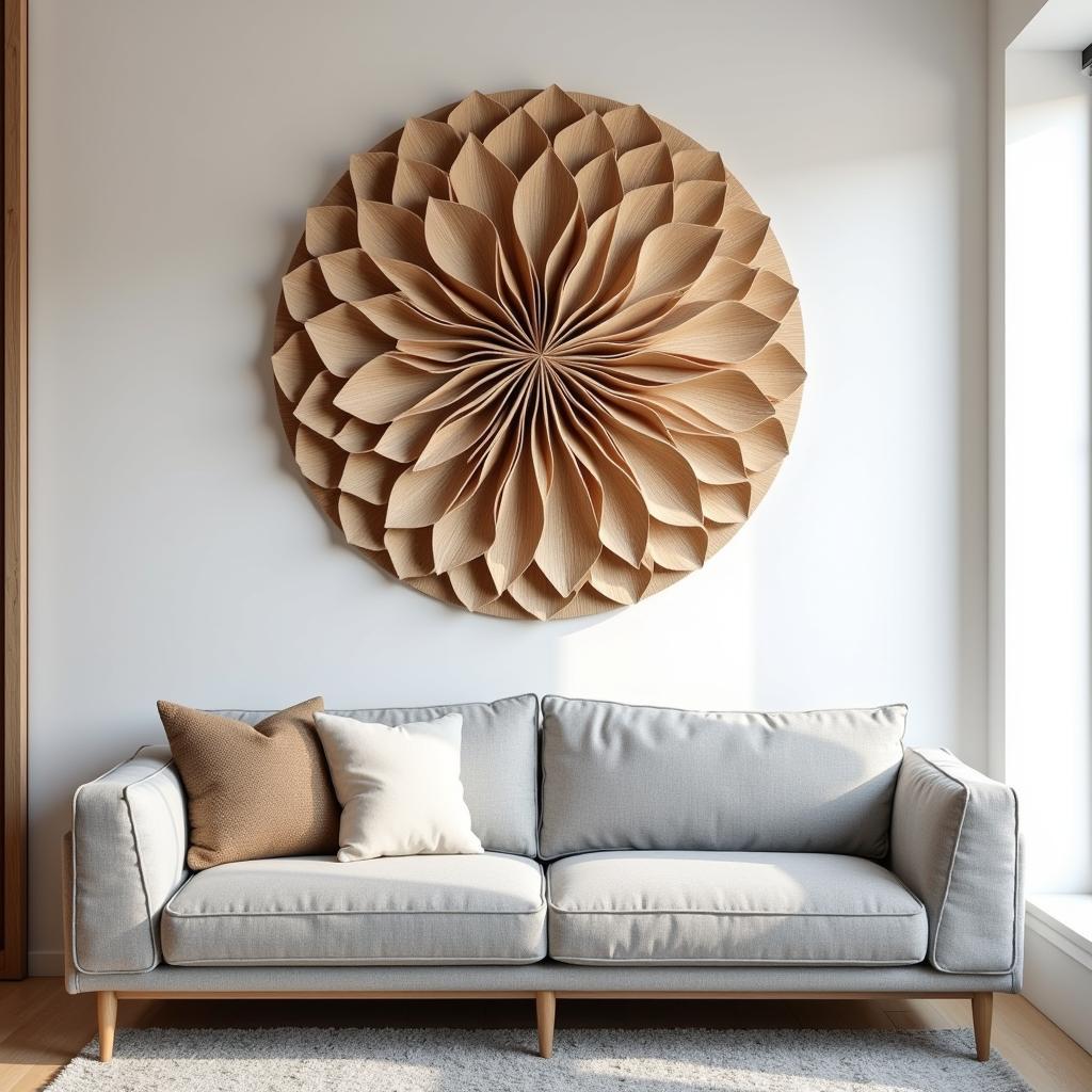 Circular wood wall art in a modern living room