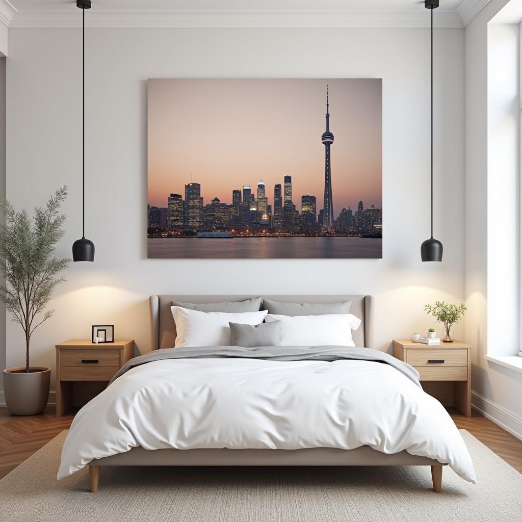 Cityscape wall art in a modern bedroom