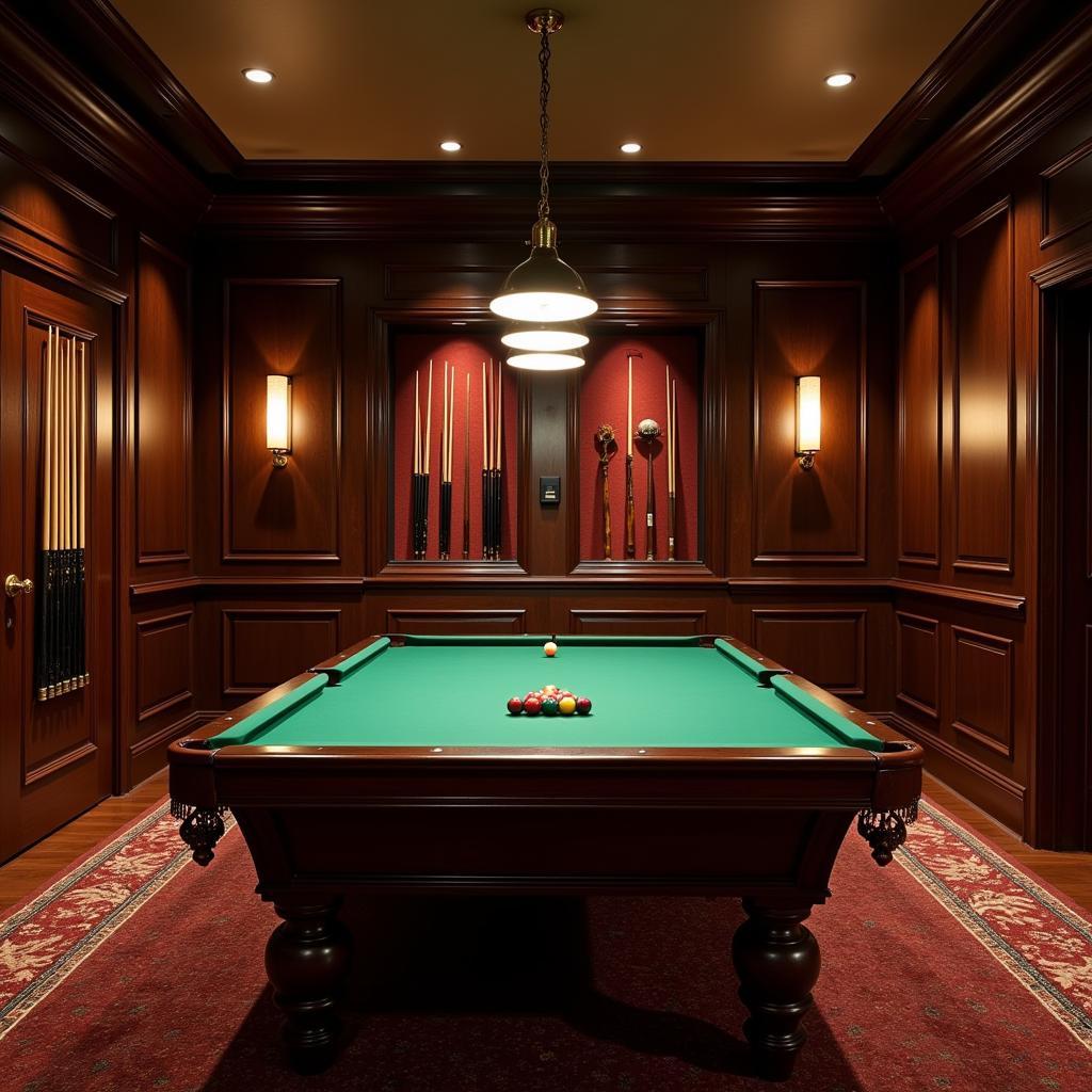 Classic Billiard Room with Vintage Cues and Balls Display