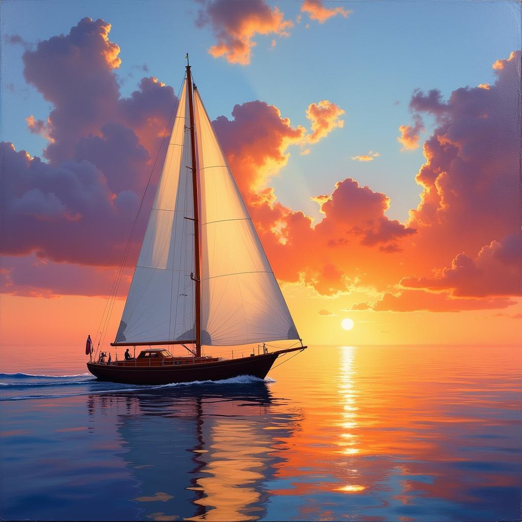 Classic Oil Painting of a Sailboat at Sunset