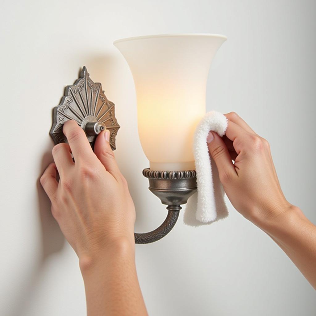 Cleaning an art deco wall sconce with a soft cloth