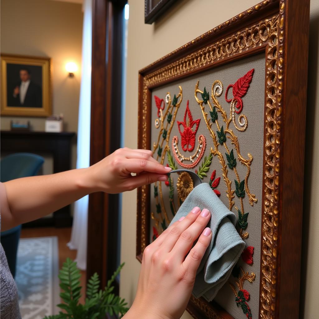 Carefully cleaning a piece of Latino wall art with a soft cloth