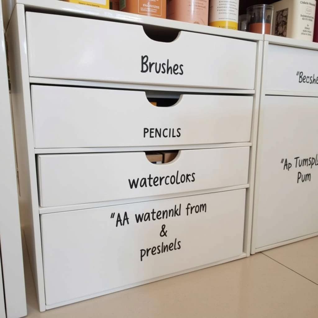 Close-Up of Labeled Drawers in an Art Supply Organizer