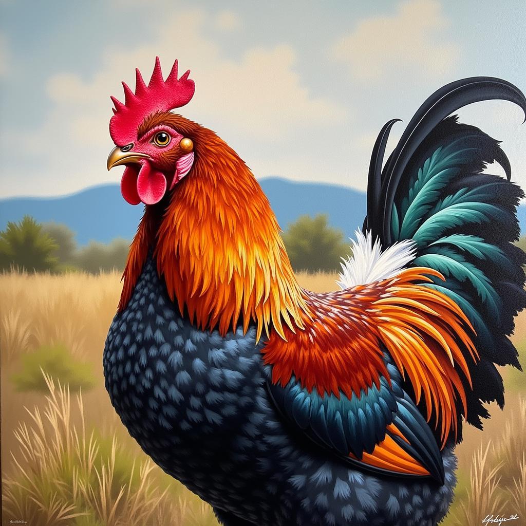 A vibrant painting of a hen with colorful feathers