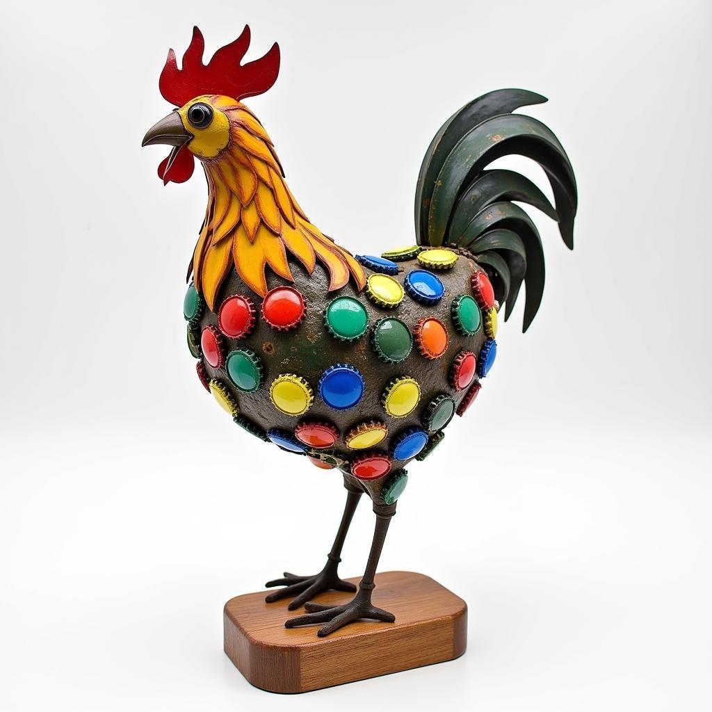 A whimsical sculpture of a chicken made from recycled materials