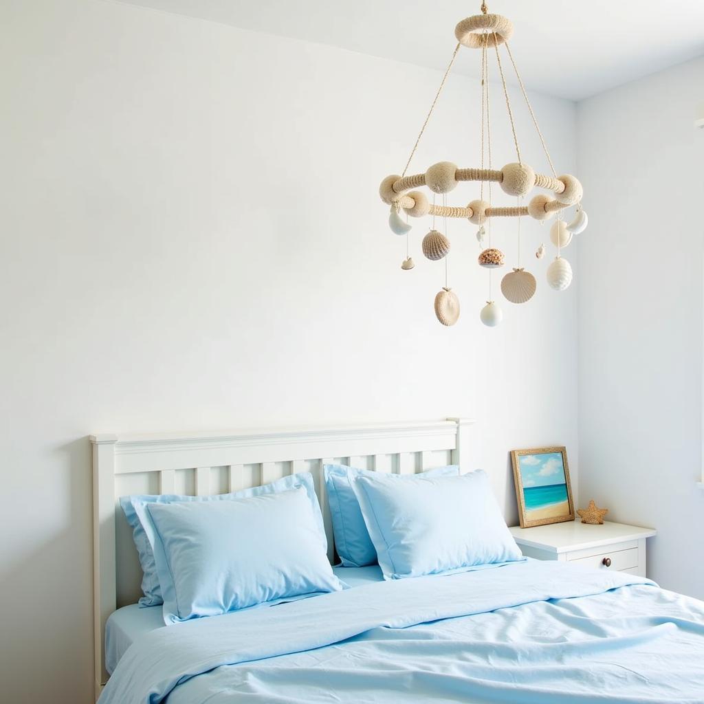 Coastal Bedroom Decor with Seashell Mobile and Blue Accents