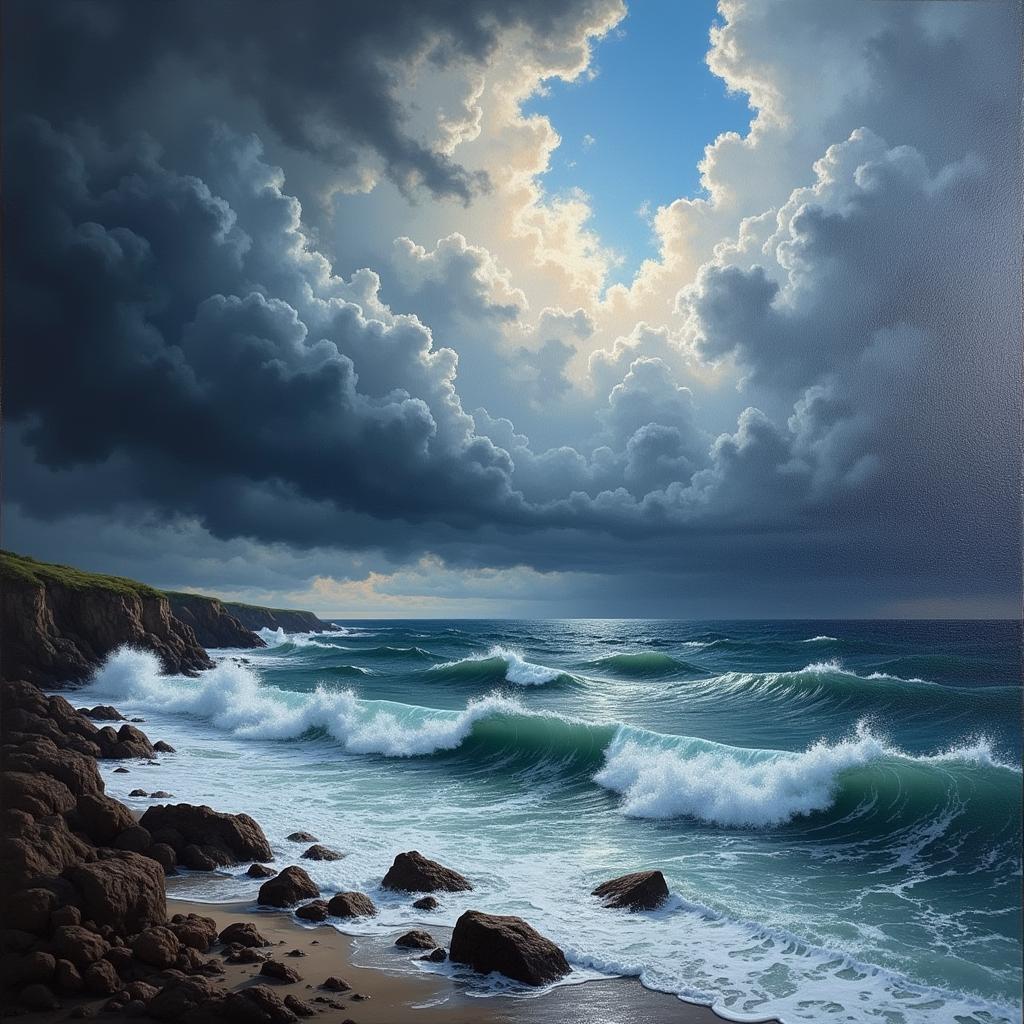 Coastal Landscape Painting with Dramatic Sky and Crashing Waves