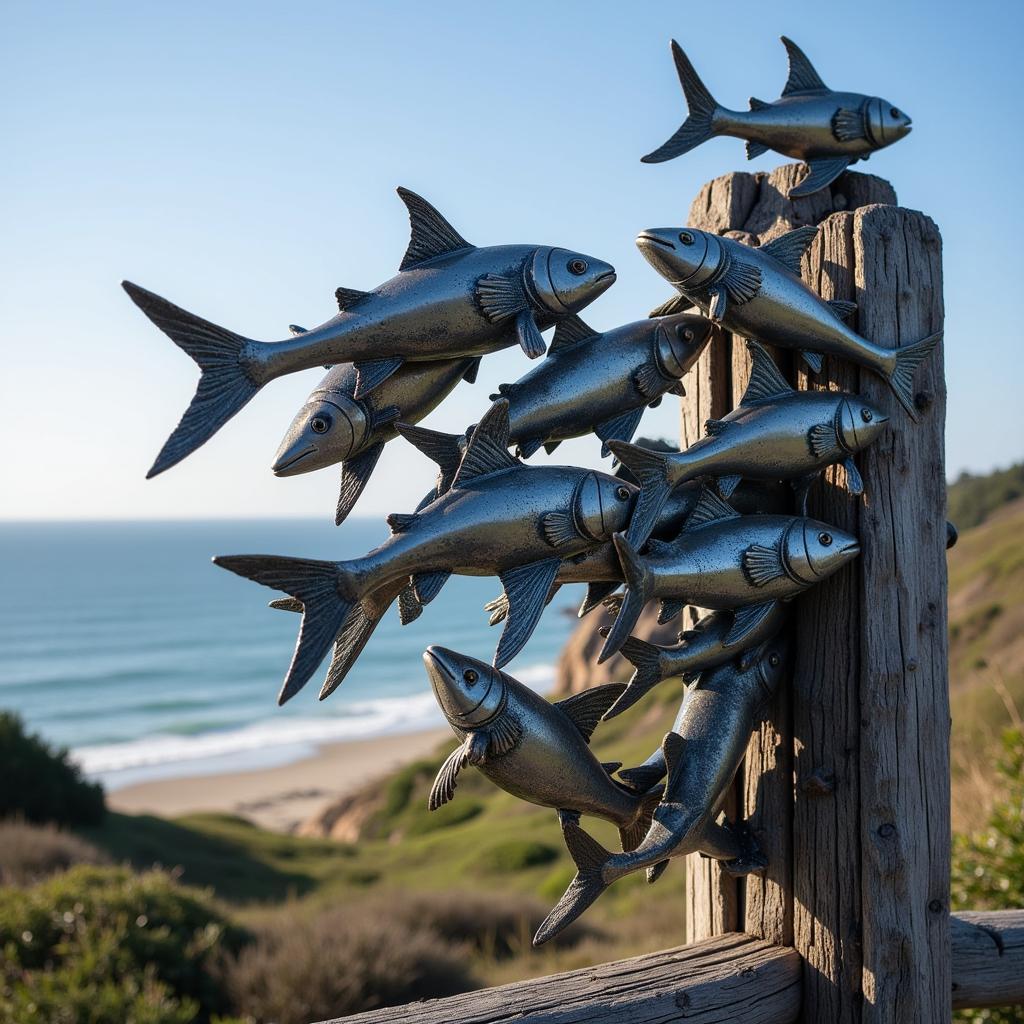 Metal sculpture of a school of fish, perfect for coastal outdoor wall art.