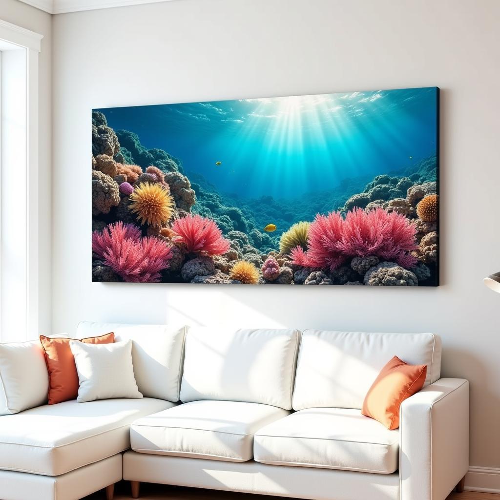 Coastal sea wall art in a living room setting