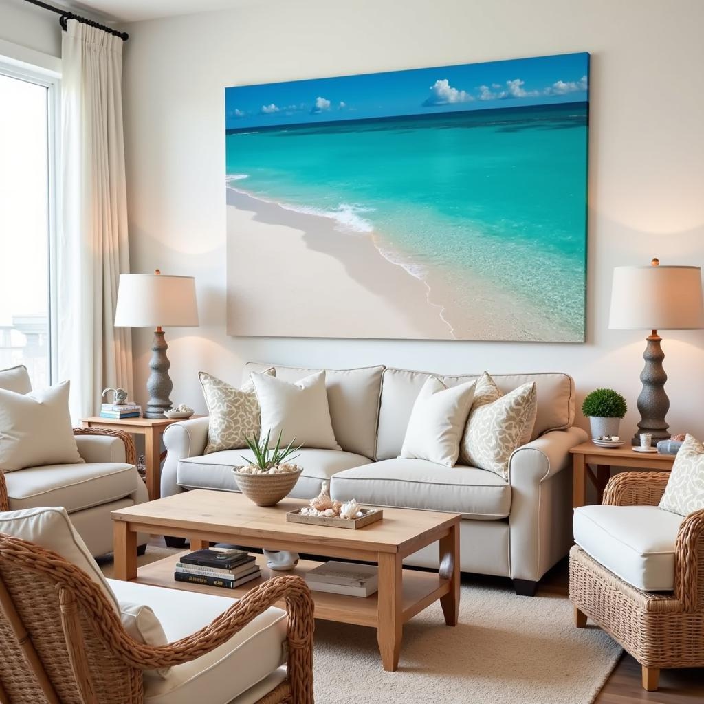 Coastal Themed Living Room with Ocean Canvas