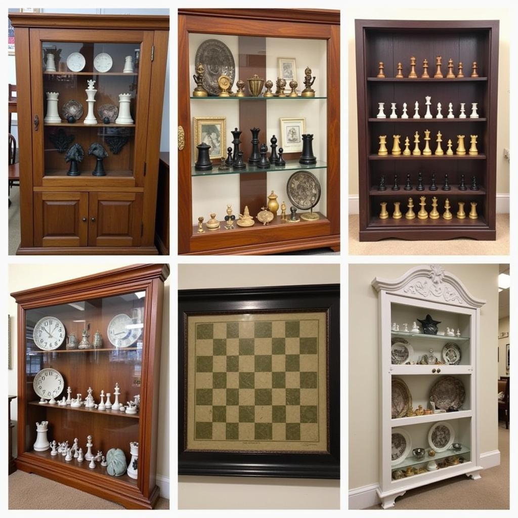 Examples of curated chess piece collections and displays