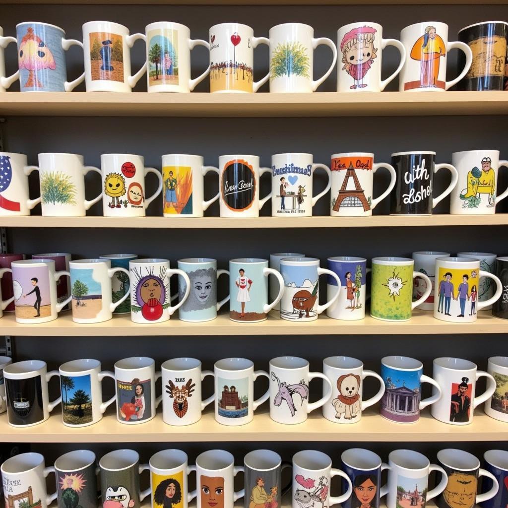 A diverse collection of art coffee mugs on display