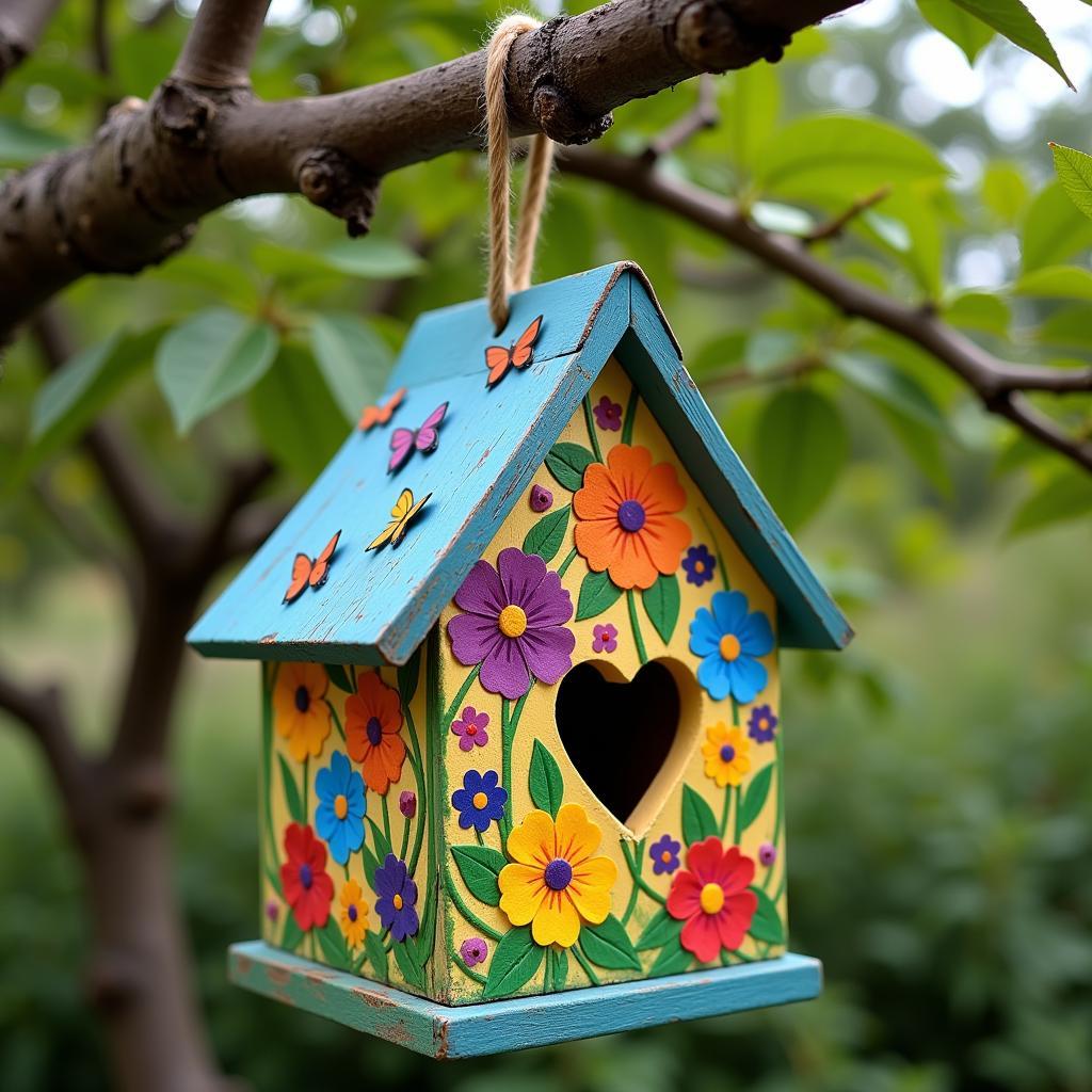 Colorful birdhouse with painted flowers