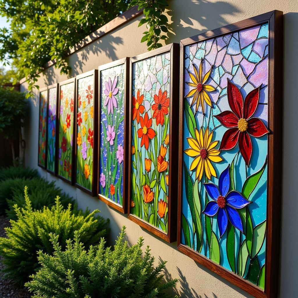 Colorful fused glass outdoor garden wall art depicting abstract floral patterns