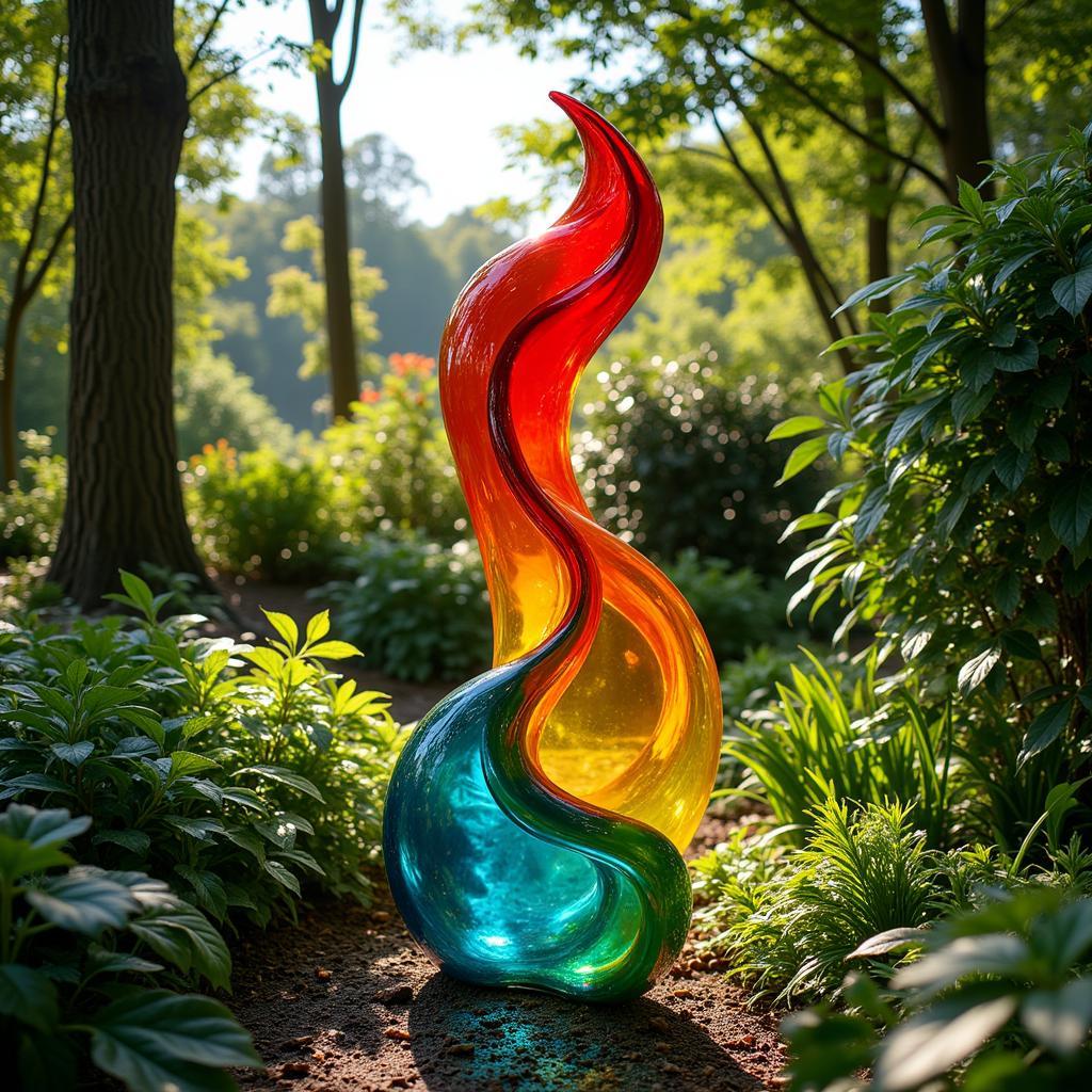 Vibrant Glass Sculpture in a Lush Garden