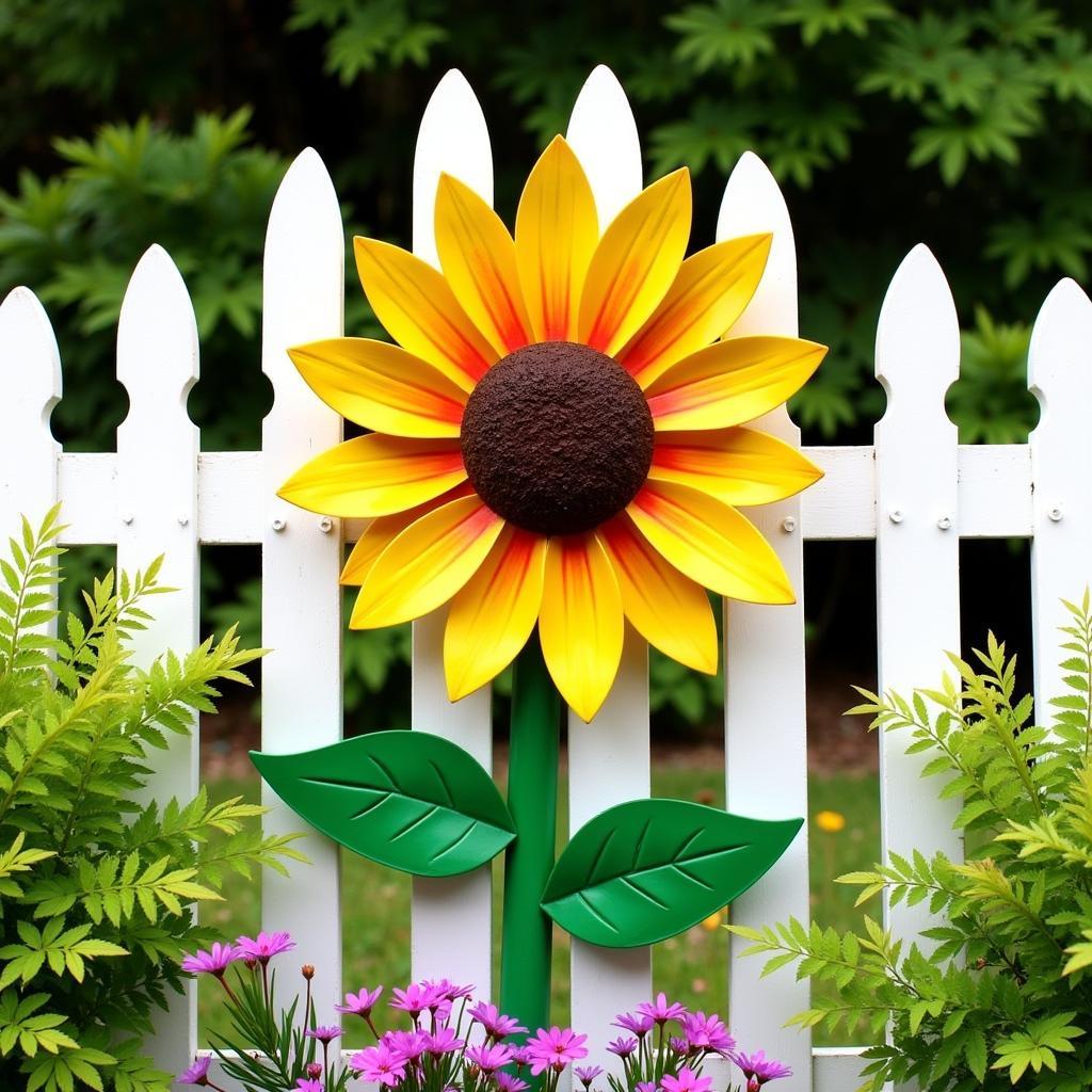 Colorful Metal Sunflower Wall Art on a Fence