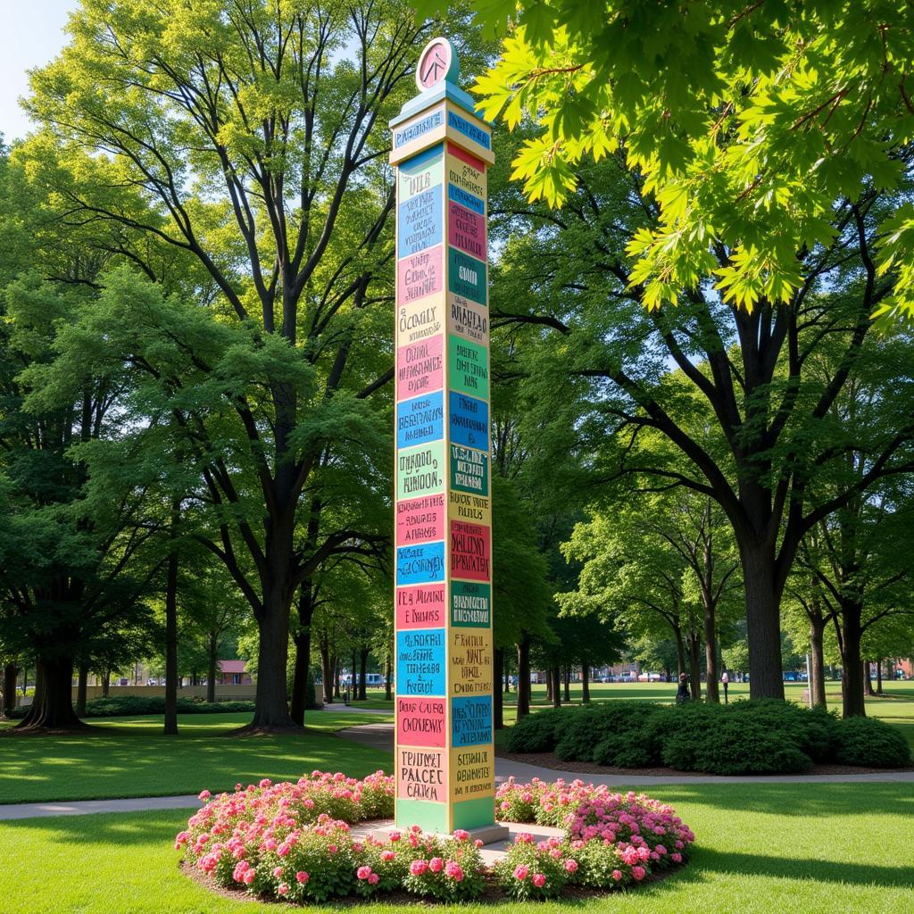 A vibrantly painted peace art pole standing tall in a park setting