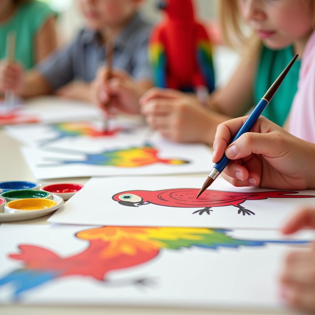 Preschoolers painting colorful parrots inspired by the rainforest