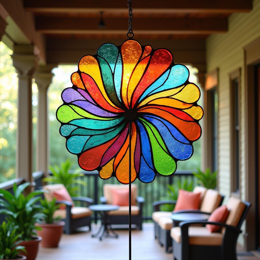 Colorful wind spinner art on a patio