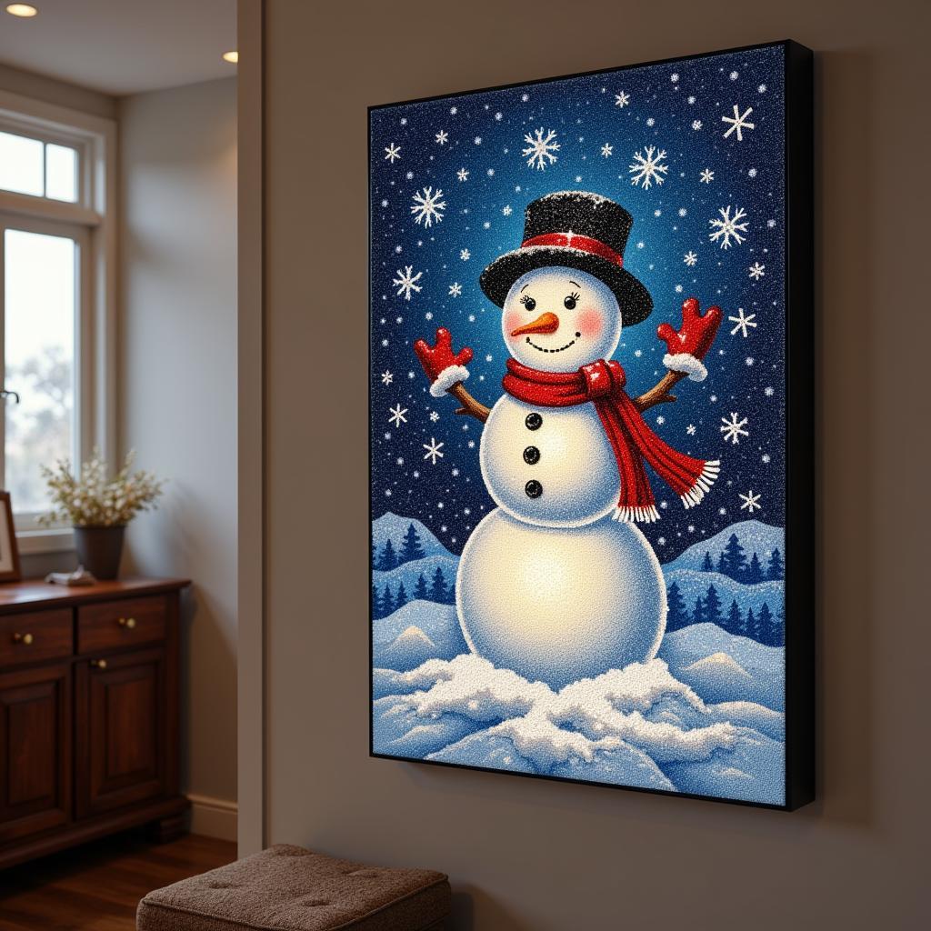 A finished diamond art snowman project, shimmering and displayed on a wall.