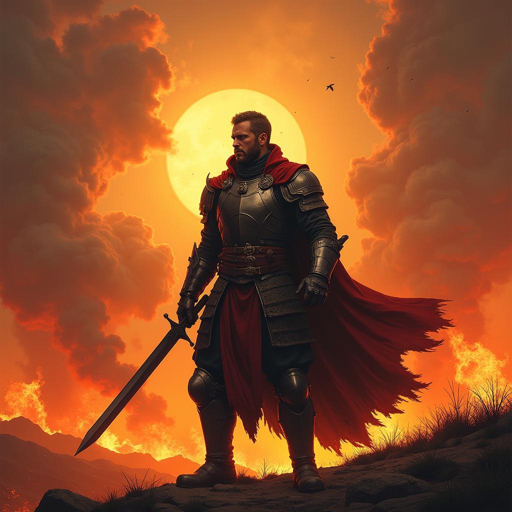 Concept art depicting a heroic figure facing a formidable challenge