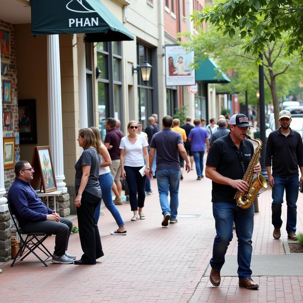 Concord NC Art Walk: A vibrant street scene filled with art enthusiasts, artists, and live music.