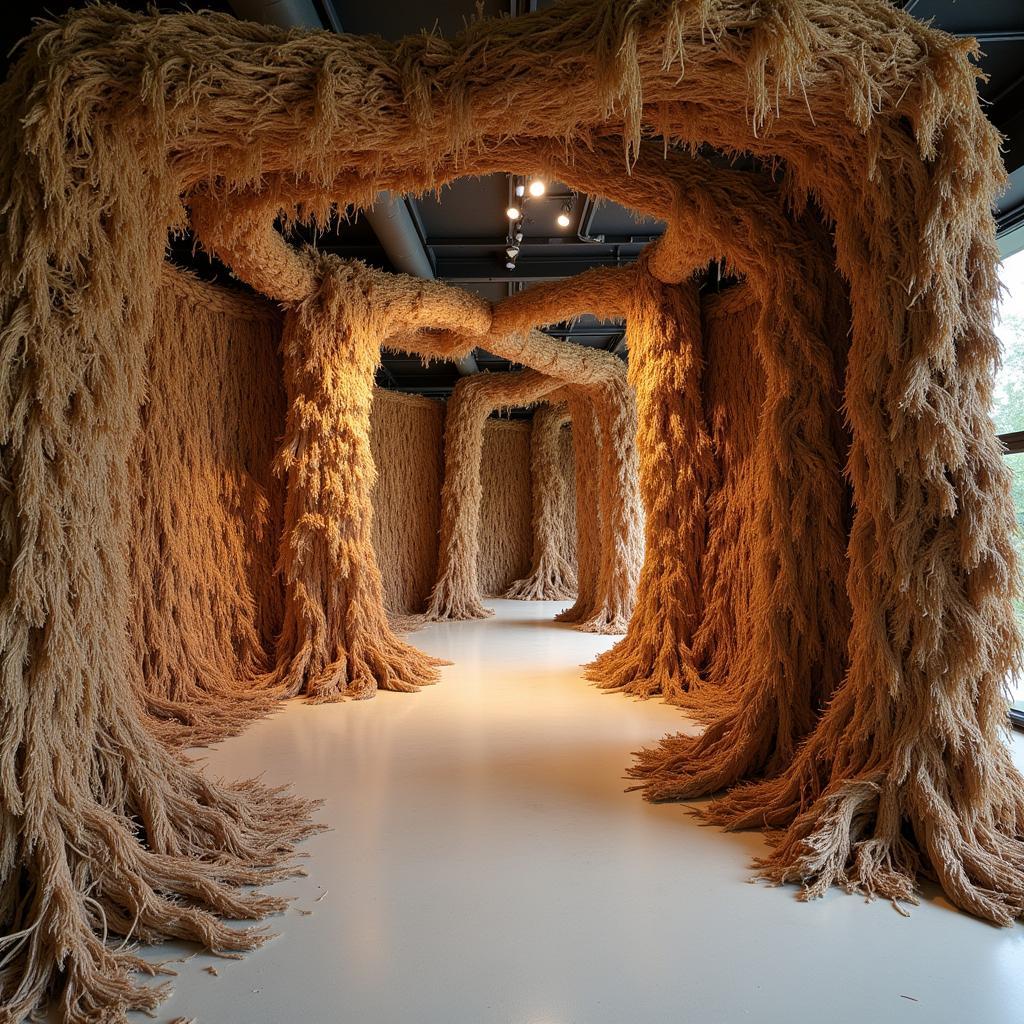 A large-scale contemporary art installation featuring coconut husks and fibers, showcasing innovative uses of coco in art.