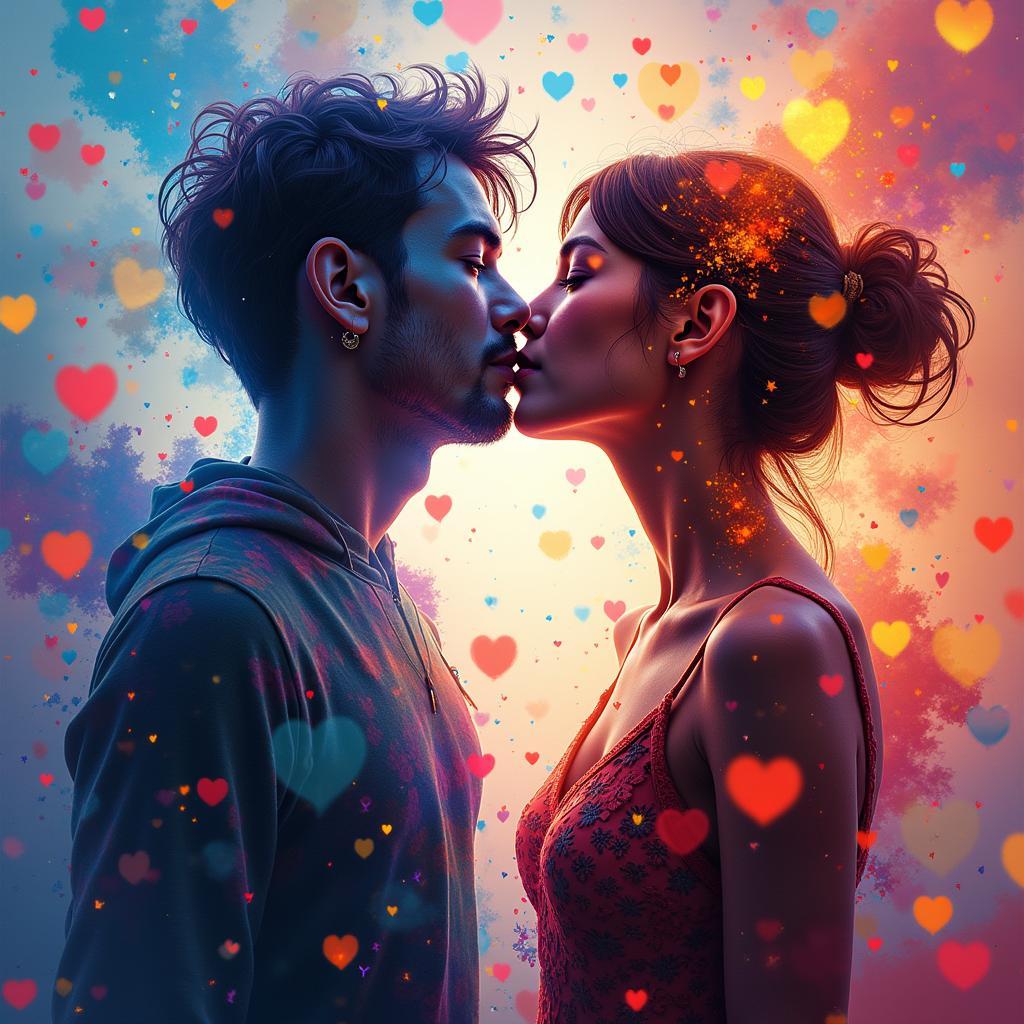 Contemporary Digital Art of a Couple Kissing