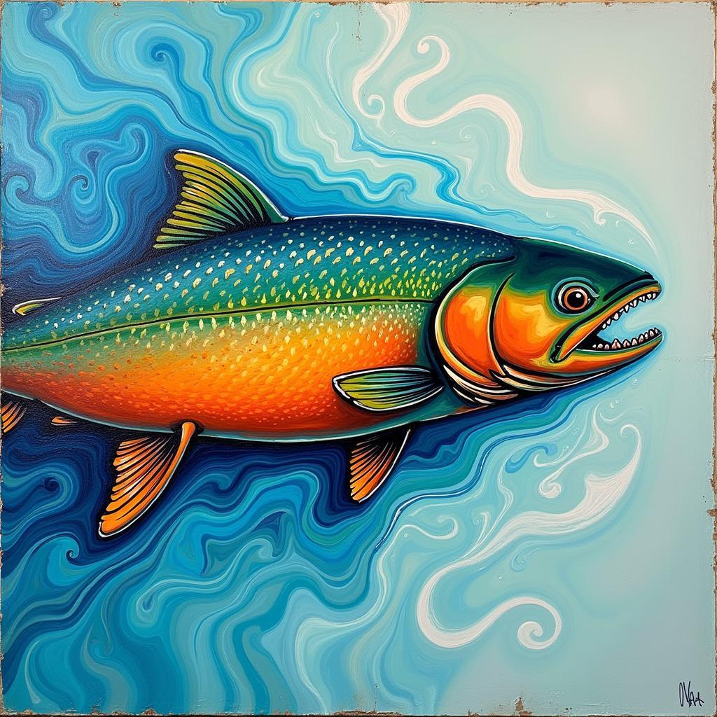 Contemporary Salmon Art: Acrylic Painting on Canvas