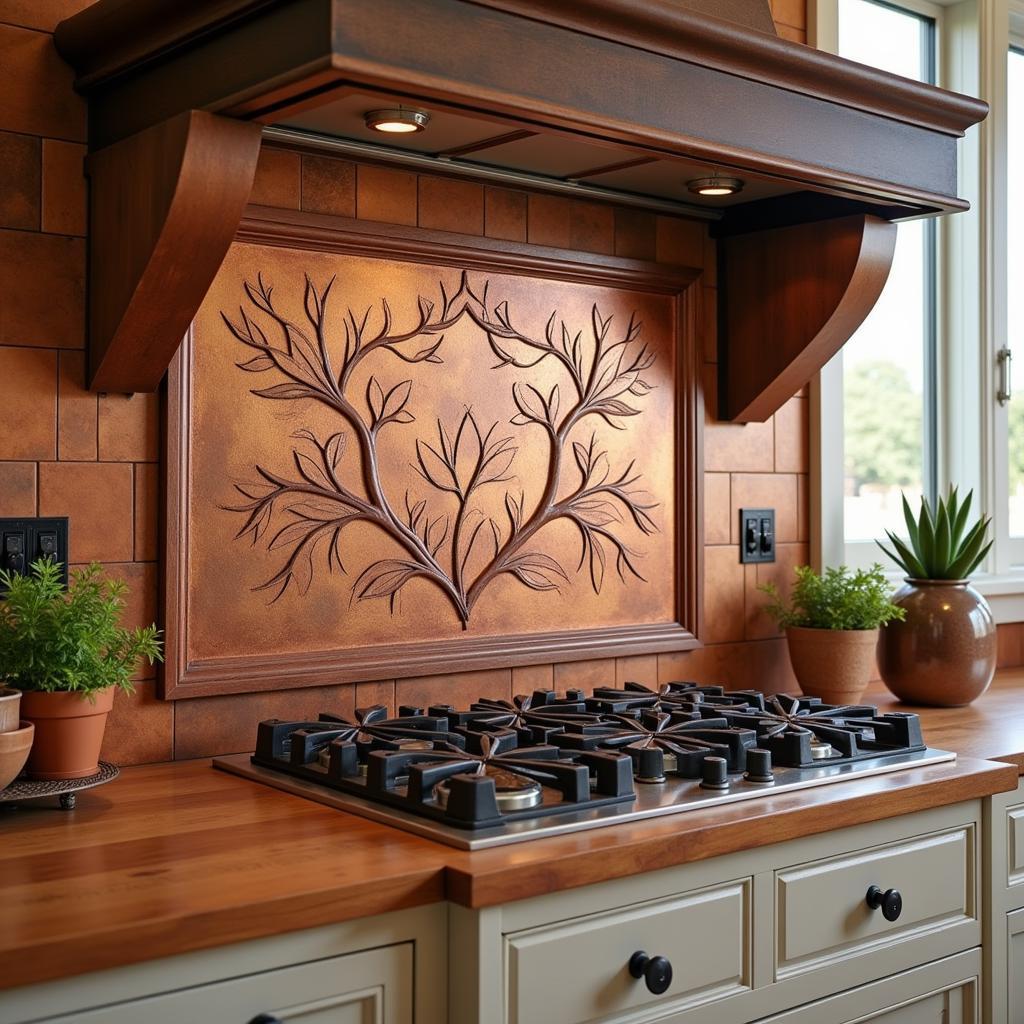 Copper Metal Art Kitchen Backsplash: Warm Glow and Patina Finish