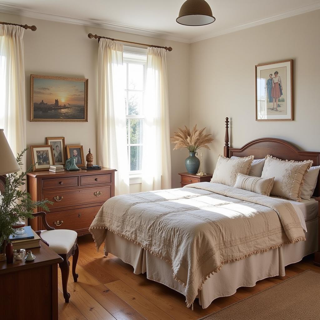 Country Art House Bedroom with Vintage Textiles and Quilts