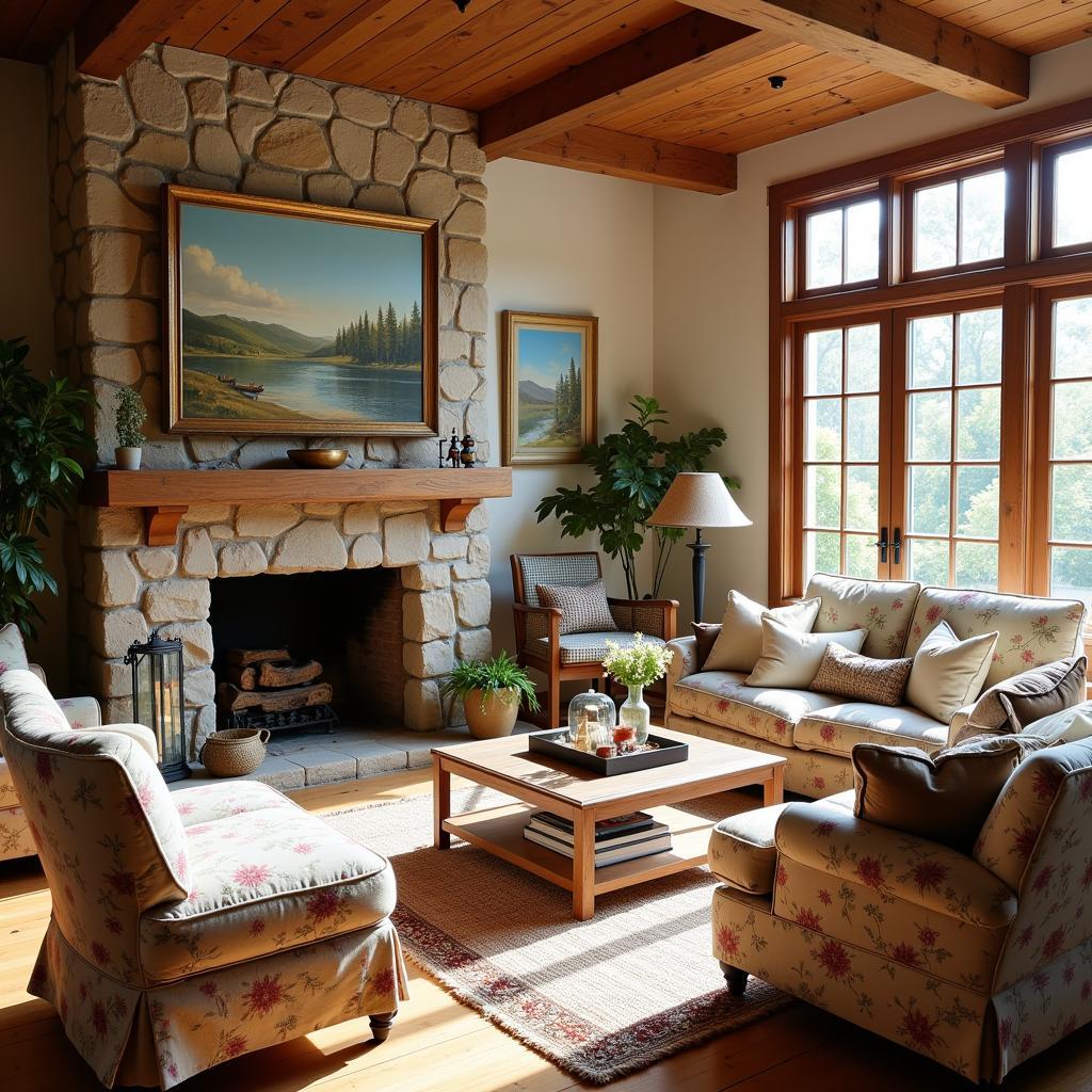 Country Art House Living Room with Fireplace and Vintage Furniture