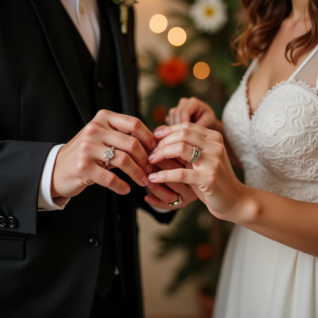 Couple Exchanging Art Deco Wedding Bands