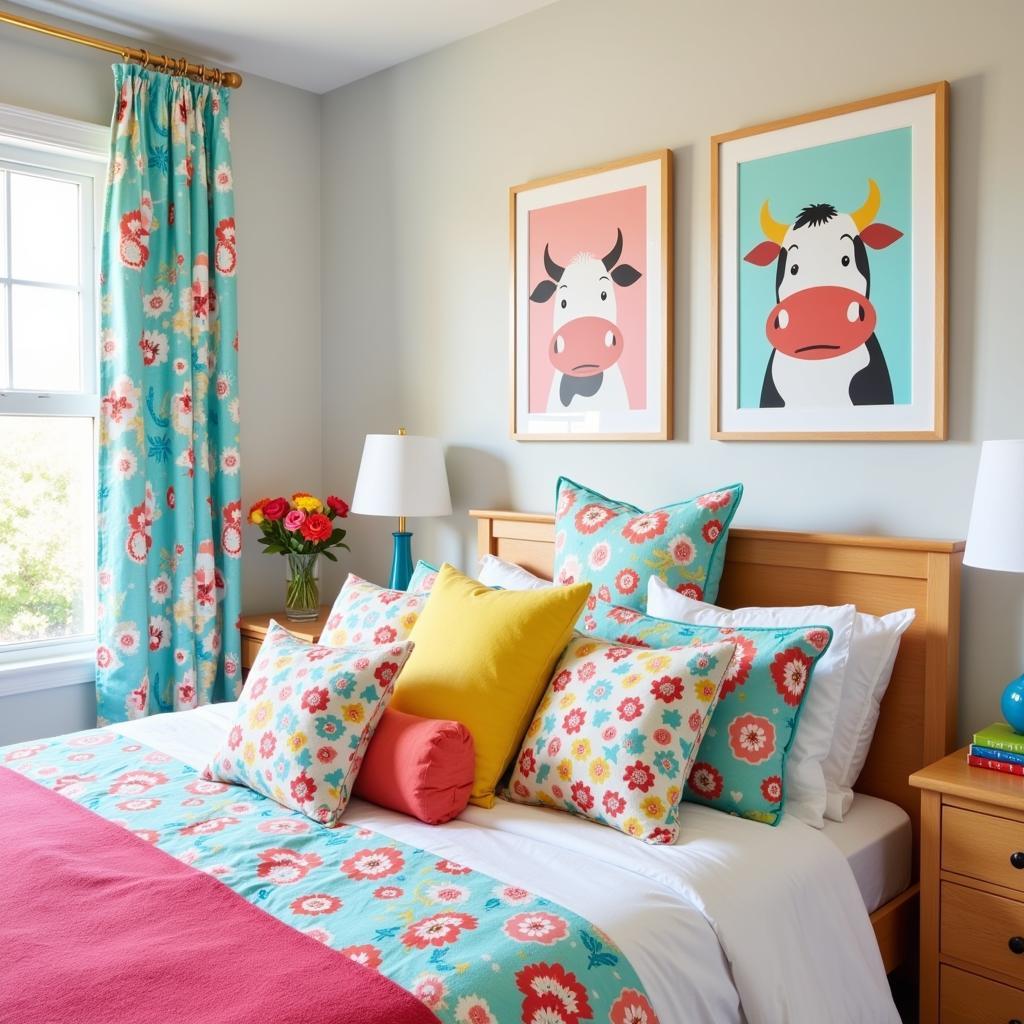 Cow art prints in a child's bedroom.