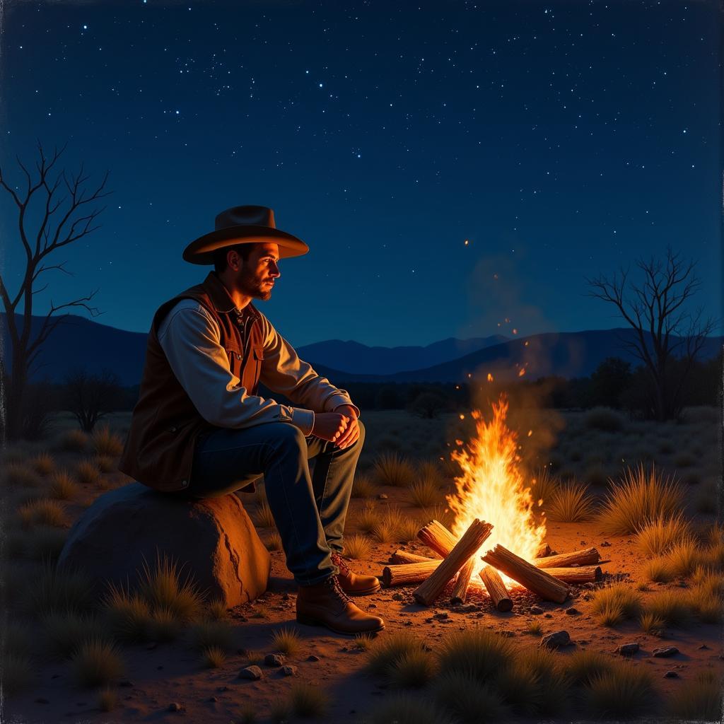 Cowboy at Campfire Night Scene