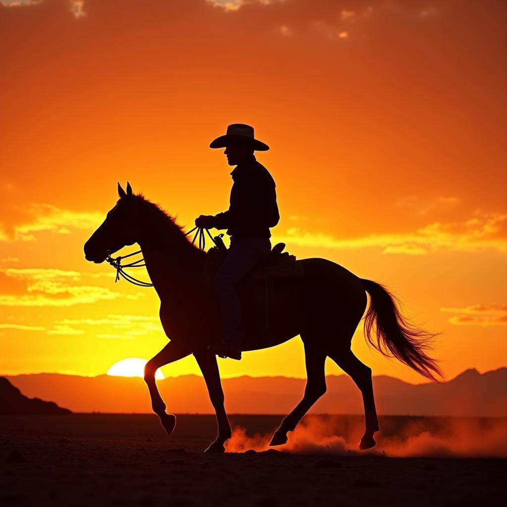 Cowboy Riding Across Plains at Sunset