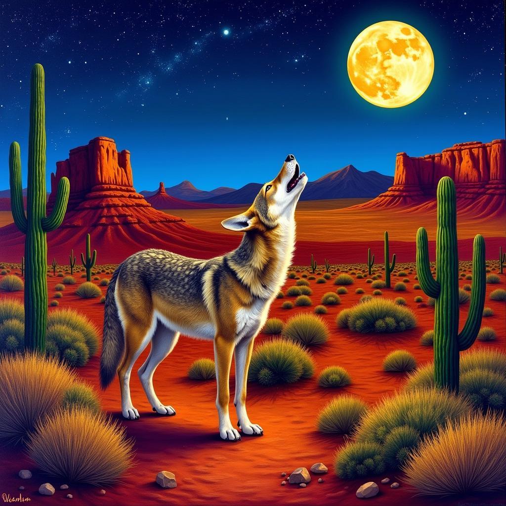 Coyote Howling at the Moon Desert Landscape Painting