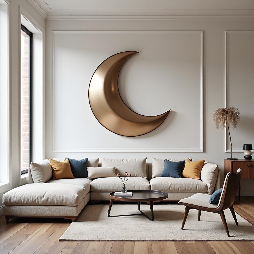 Modern Metal Crescent Moon Wall Art in a Living Room